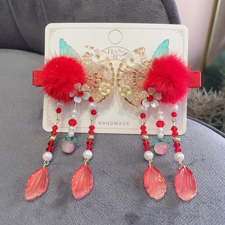 Chinese New Year CNY Red Baby kids Girl's Crystal Beads Head Clips Hair Accessories - Little Kooma