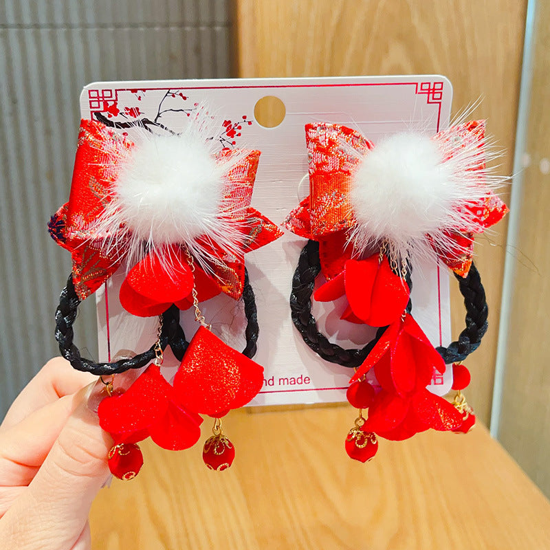 Chinese New Year CNY Red Kids Girl's Crystal Beads Head Clips Hair Accessories