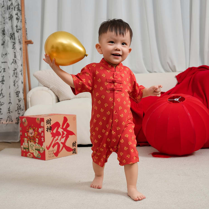 Blessing and Joy Family Set with Lucky Fu Characters Baby Boy Cheongsam Romper 0831