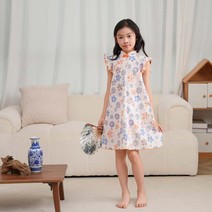 Singapore Souvenir Gift Blue Flowers Baby Kids Girl Cheongsam Dress 0848