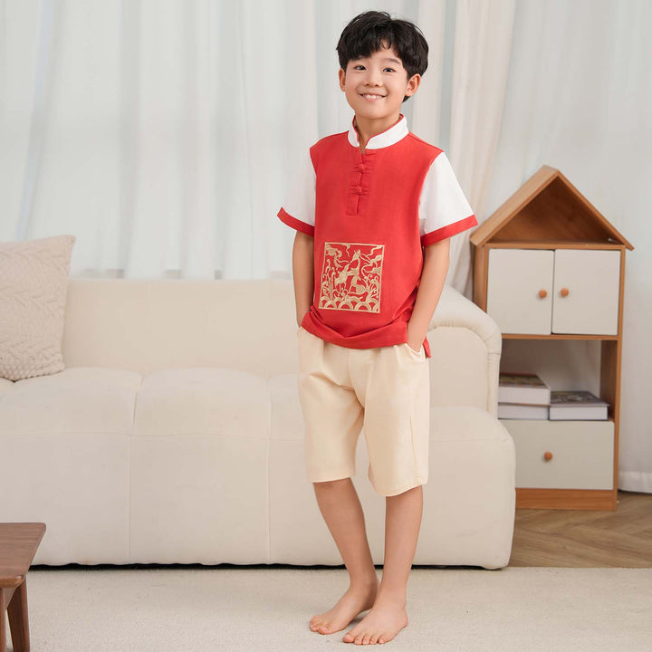 Singapore Souvenir Gift Majestic Phoenix Cheongsam Symbol of Power and Renewal Baby Kids Boys Cheongsam Set Top n Shorts CNY Chinese New Year Outfit 0837