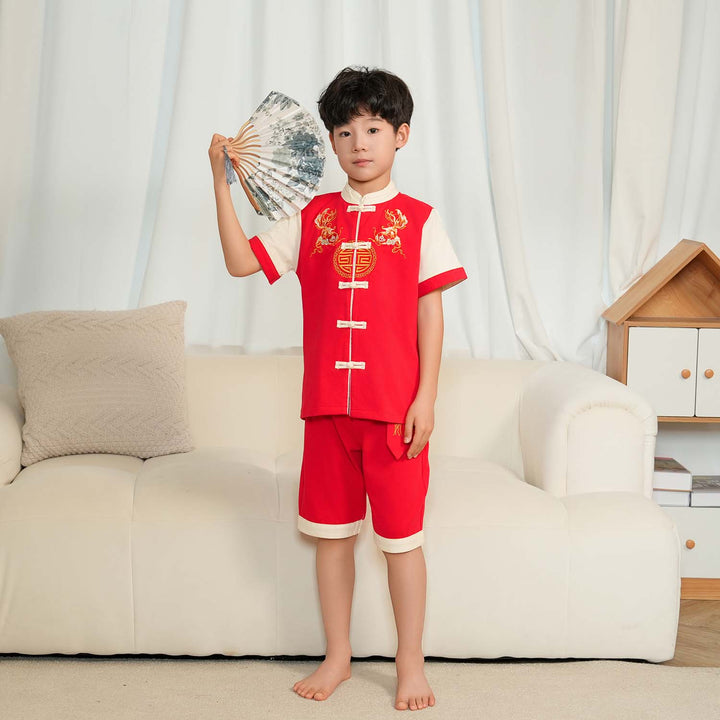 Singapore Souvenir Gift Wealth and Harmony Red Family Set with Golden Fish Embroidery Baby Kids Boys Cheongsam Set Top n Shorts CNY Chinese New Year Outfit 0835