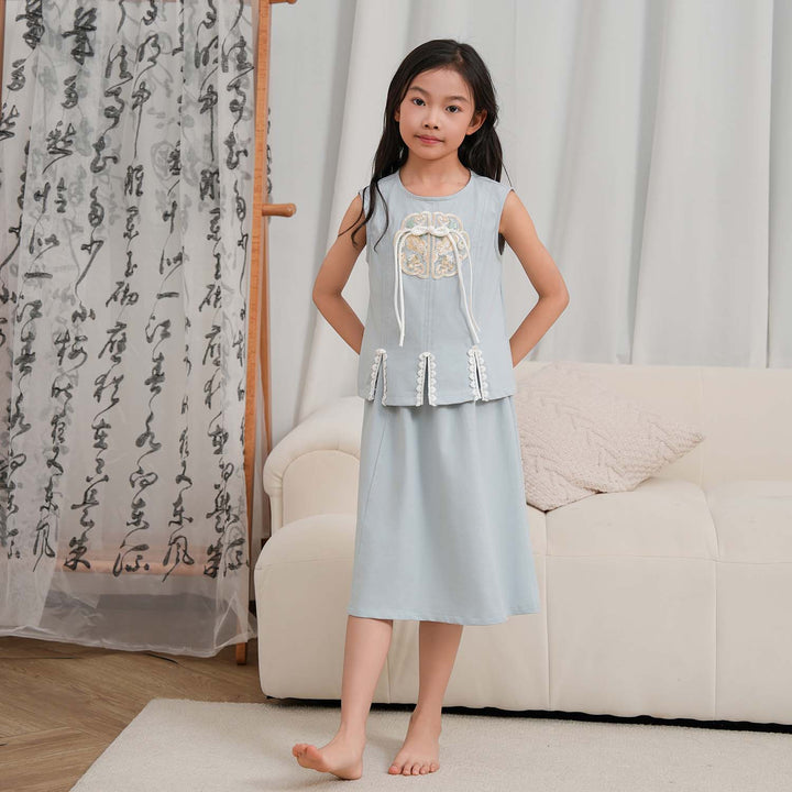 Vitality n Wisdom Blue Baby Kids Girl Cheongsam Top n Skirt Set 0842