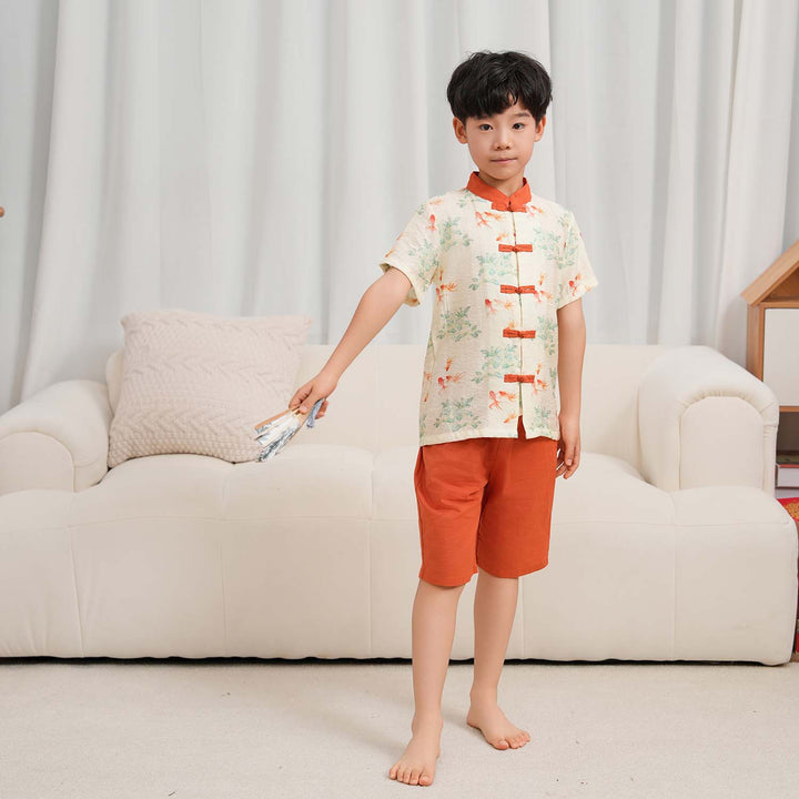 Fortune Bloom Family Set with Golden Fish Baby Kids Boys Cheongsam Set Top n Shorts CNY Chinese New Year Outfit 0829