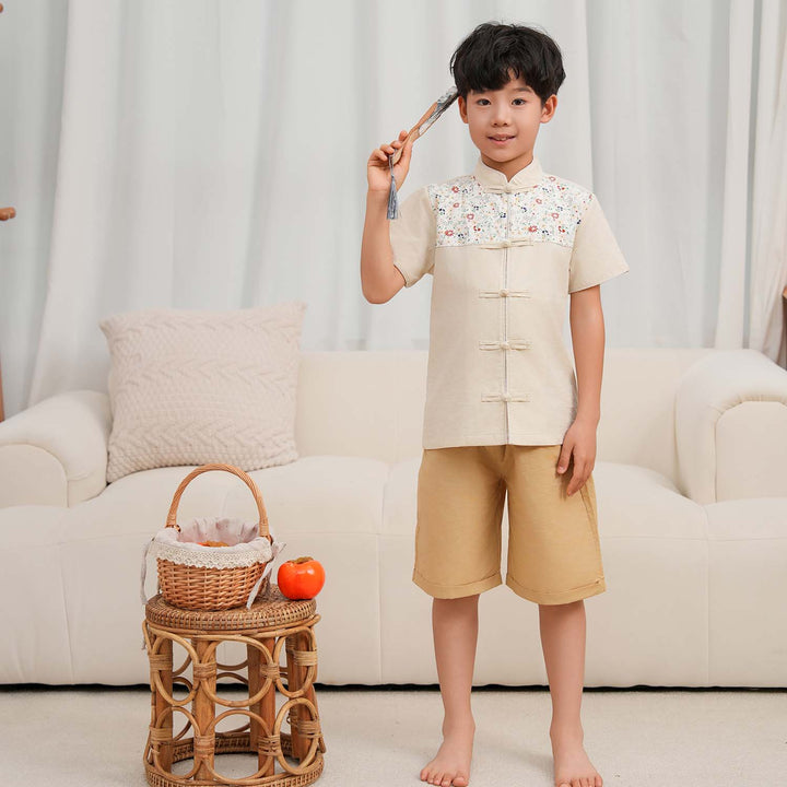 Singapore Souvenir Gift Blossom Harmony Collection Baby Kids Boys Beige Cheongsam Set Little Flower Prints Top n Shorts CNY Chinese New Year Outfit 0819