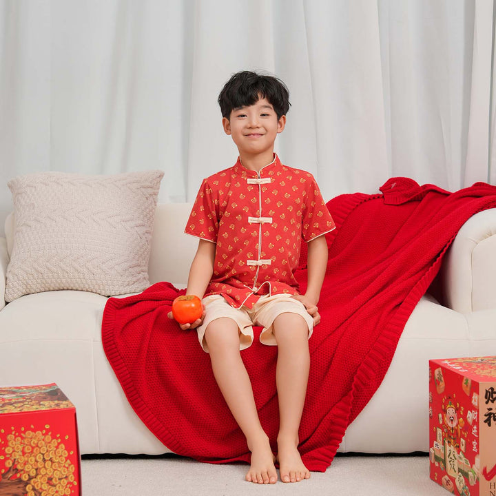 Blessing and Joy Family Set with Lucky Fu Characters Baby Kids Boys Cheongsam Set Top n Shorts CNY Chinese New Year Outfit 0832