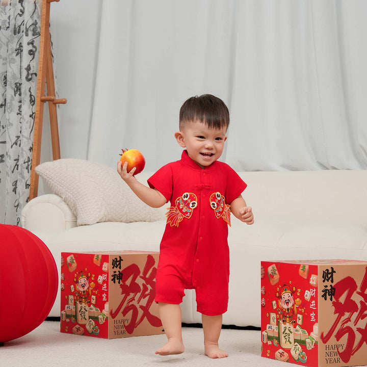 Wealth and Harmony Red Family Set with Golden Fish Baby Boy Cheongsam Romper 0834