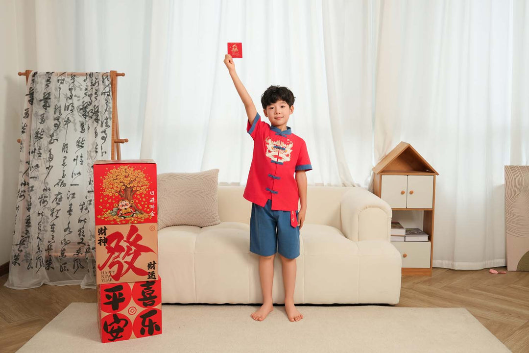 Singapore Souvenir Gift Dancing Lion Baby Kids Boys Cheongsam Set Red Top n Blue Shorts CNY Chinese New Year Outfit 0838