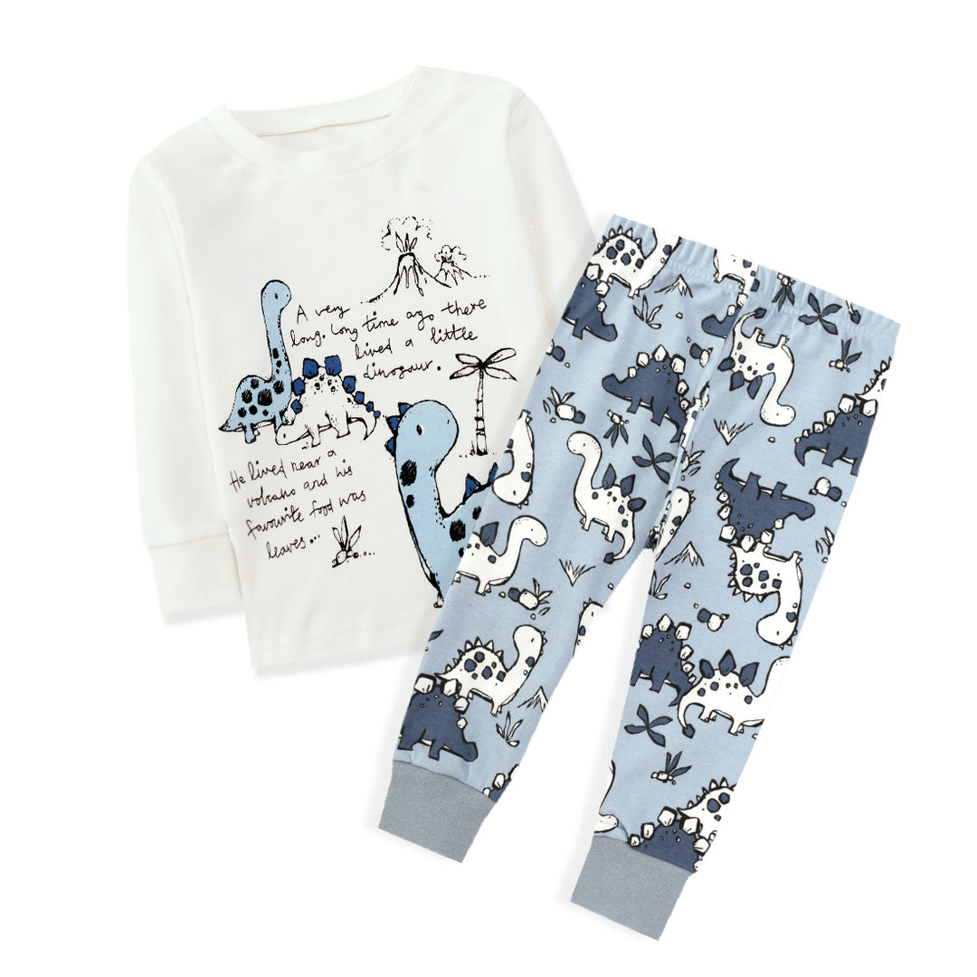 Baby Kids Pajamas Dinosaur White Top n Blue Pants Set - Little Kooma