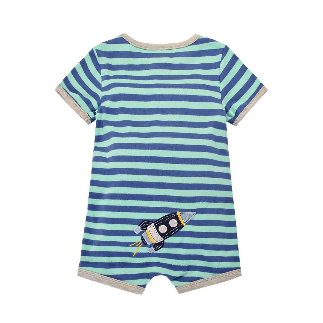 Baby Boy Green Stripe Romper w Embroidered Rocket - Little Kooma