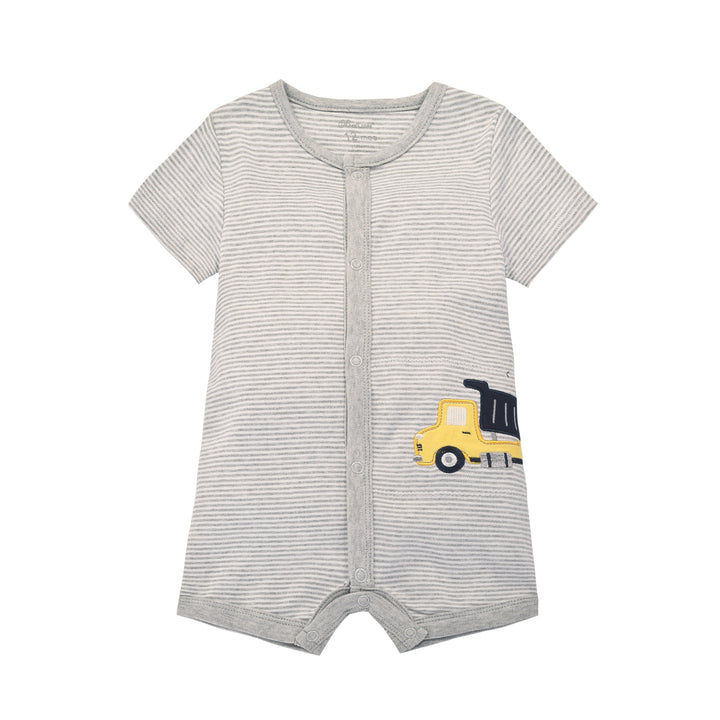 Baby Boy Grey Stripe Romper w Embroidered Truck - Little Kooma