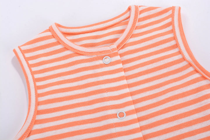 Baby Boy Sleeveless Orange Stripe Romper w Embroidered Shark - Little Kooma