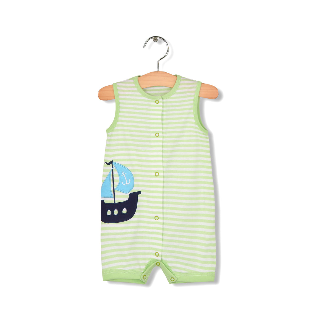 Baby Boy Sleeveless Green Stripe Romper w Embroidered Boat - Little Kooma