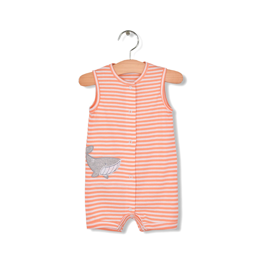 Baby Boy Sleeveless Orange Stripe Romper w Embroidered Shark - Little Kooma