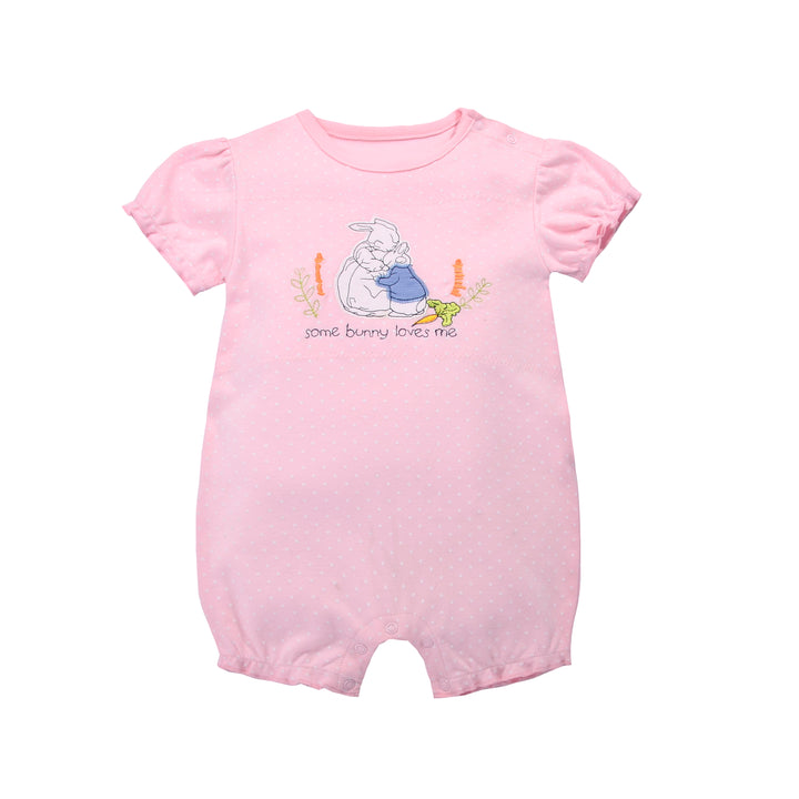 Baby Girl Romper Pink w Embroidered Rabbits - Little Kooma