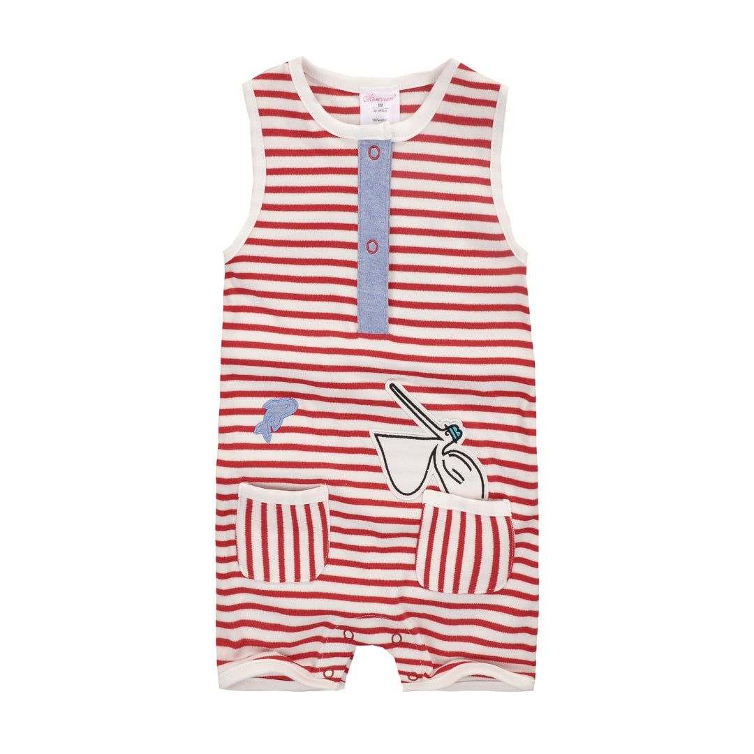 Baby Boy Sleeveless Red Stripe Romper w Embroidered Pelican Fish n Double Front Pockets - Little Kooma