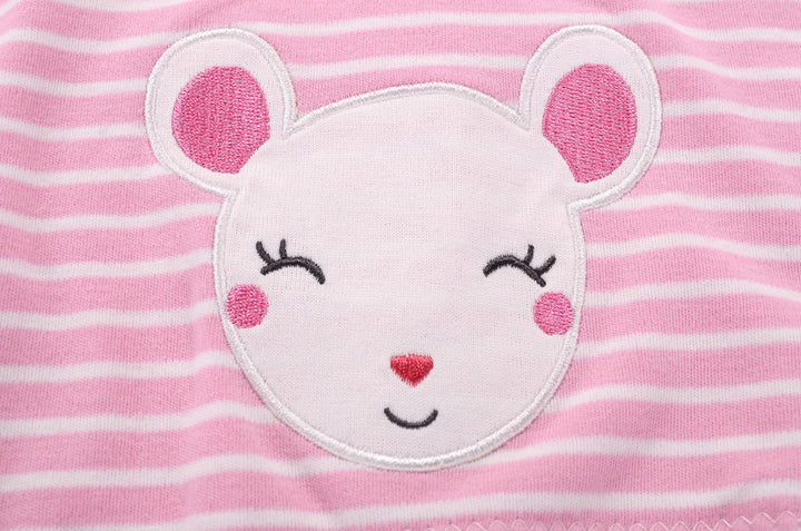 Baby Girl Romper Pink Stripes w Embroidered Little Mouse - Little Kooma