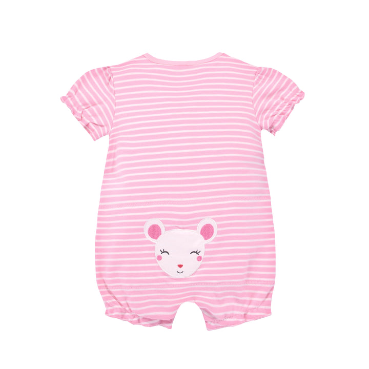 Baby Girl Romper Pink Stripes w Embroidered Little Mouse - Little Kooma