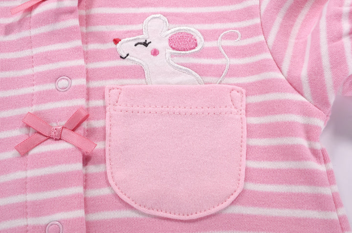 Baby Girl Romper Pink Stripes w Embroidered Little Mouse - Little Kooma