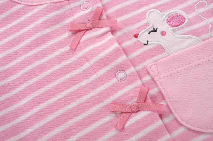 Baby Girl Romper Pink Stripes w Embroidered Little Mouse - Little Kooma