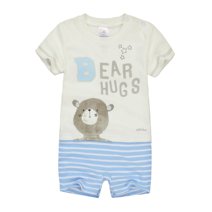 Baby Boy Blue Stripes Romper w Embroidered n Print Bear - Little Kooma