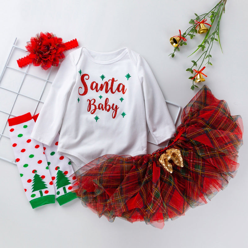 Baby Girl Christmas Outfit White Long Sleeve Bodysuit n Voile Plaid Skirt n Socks n Headwrap 4 Piece Set - 1124 - Little Kooma