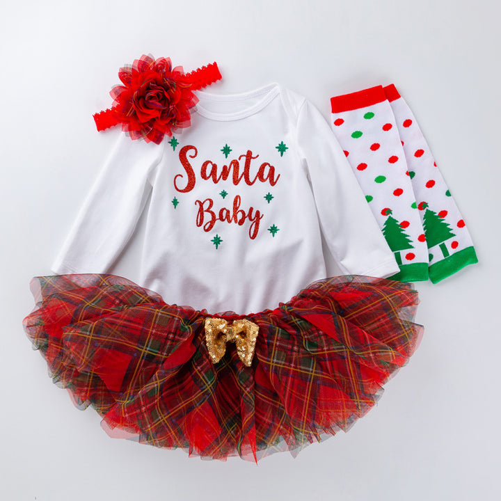 Baby Girl Christmas Outfit White Long Sleeve Bodysuit n Voile Plaid Skirt n Socks n Headwrap 4 Piece Set - 1124 - Little Kooma