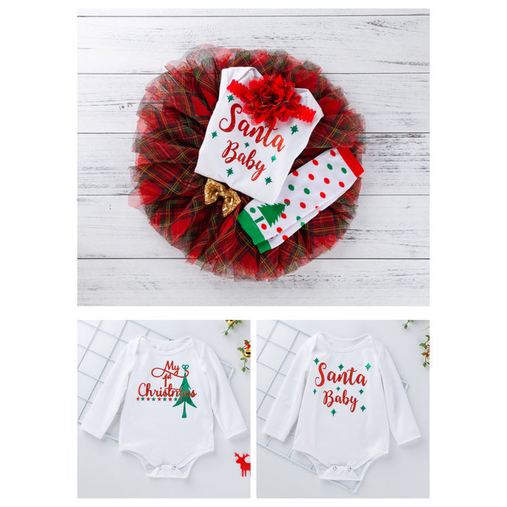 Baby Girl Christmas Outfit White Long Sleeve Bodysuit n Voile Plaid Skirt n Socks n Headwrap 4 Piece Set - 1124 - Little Kooma