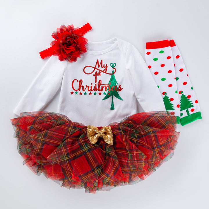 Baby Girl Christmas Outfit White Long Sleeve Bodysuit n Voile Plaid Skirt n Socks n Headwrap 4 Piece Set - 1124 - Little Kooma