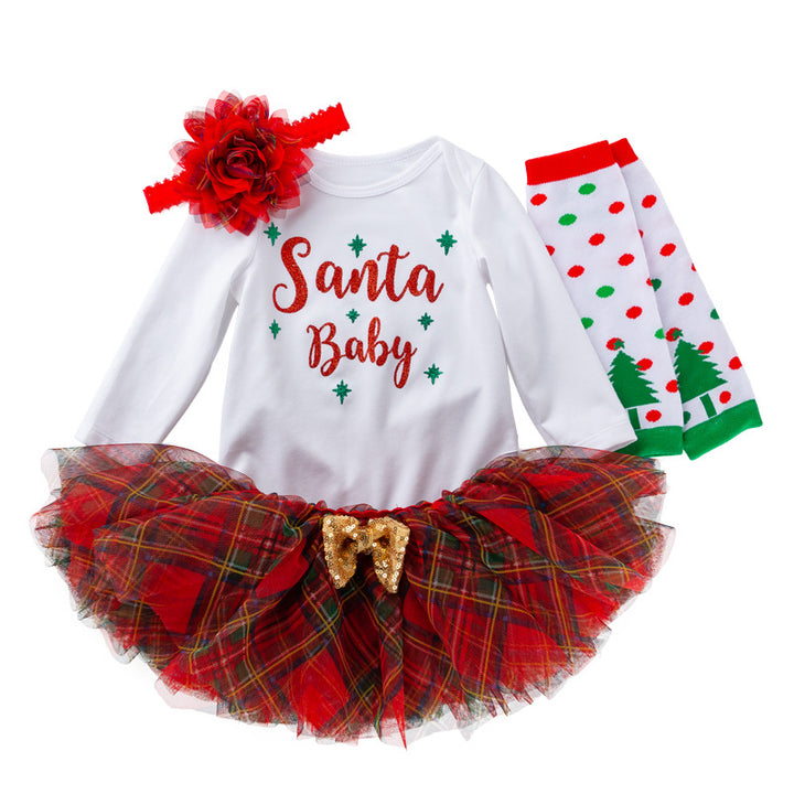 Baby Girl Christmas Outfit White Long Sleeve Bodysuit n Voile Plaid Skirt n Socks n Headwrap 4 Piece Set - 1124 - Little Kooma