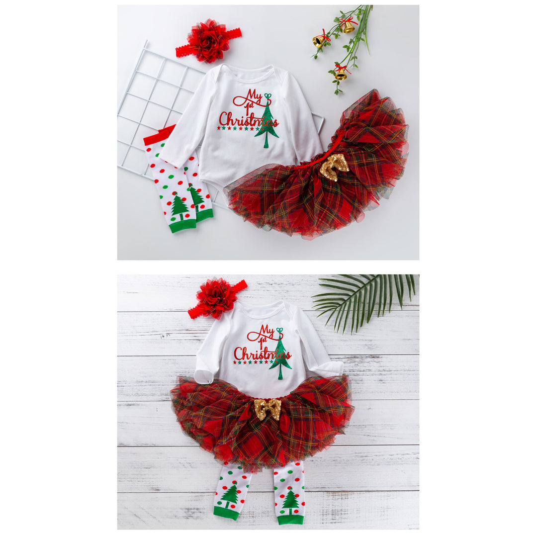 Baby Girl Christmas Outfit White Long Sleeve Bodysuit n Voile Plaid Skirt n Socks n Headwrap 4 Piece Set - 1124 - Little Kooma