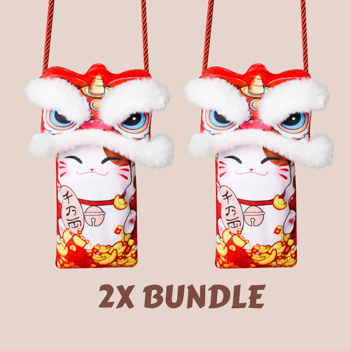 Baby Kids CNY Chinese New Year Ang Bao Red Velvet Envelope Sling Bag Fortune Cat w Dancing Lion - Little Kooma