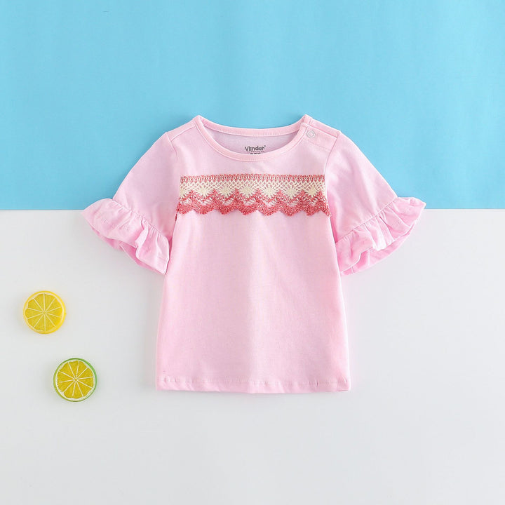 Baby Girl Ruffled Sleeves Pink  Top w Red n White Lace - Little Kooma