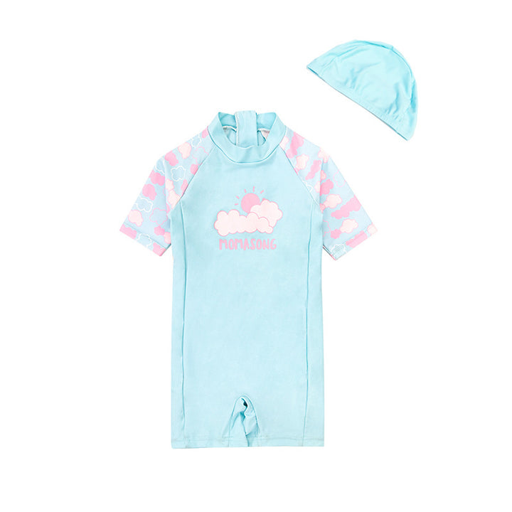 Baby Kids Girl's Pink Clouds One Piece Blue Swimming Suit n Free Cap 907026 - Little Kooma