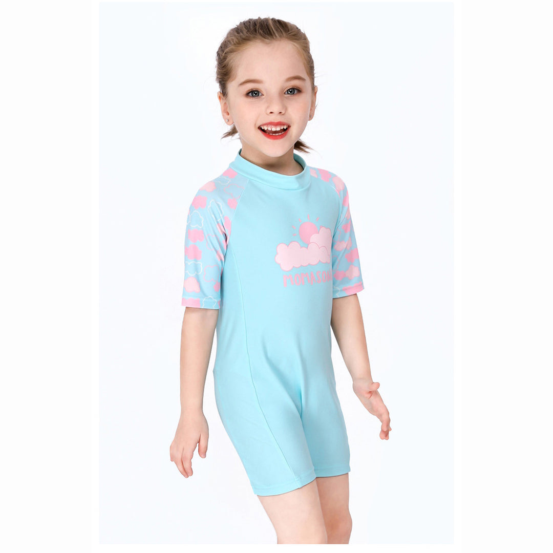 Baby Kids Girl's Pink Clouds One Piece Blue Swimming Suit n Free Cap 907026 - Little Kooma