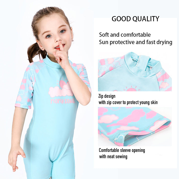 Baby Kids Girl's Pink Clouds One Piece Blue Swimming Suit n Free Cap 907026 - Little Kooma