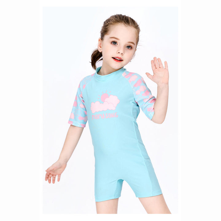 Baby Kids Girl's Pink Clouds One Piece Blue Swimming Suit n Free Cap 907026 - Little Kooma