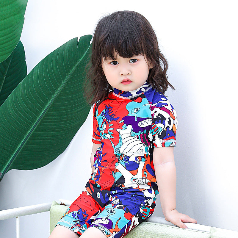 Baby Kids Boy Girl's Printed One Piece Swimming Suit n Free Cap 718156-09 Floral - Little Kooma