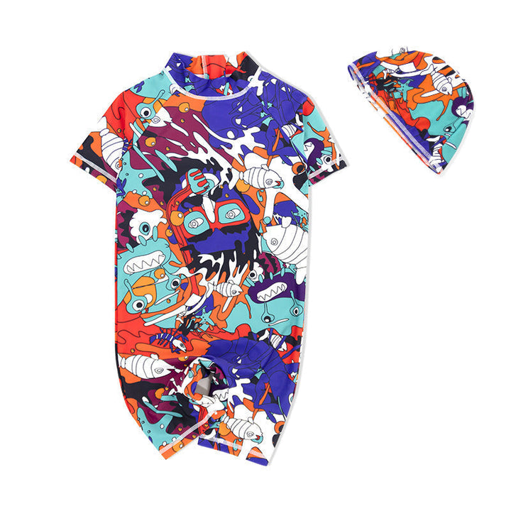 Baby Kids Boy Girl's Printed One Piece Swimming Suit n Free Cap 718156-09 Floral - Little Kooma