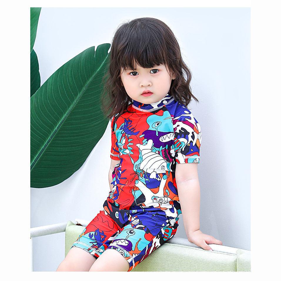 Baby Kids Boy Girl's Printed One Piece Swimming Suit n Free Cap 718156-09 Floral - Little Kooma