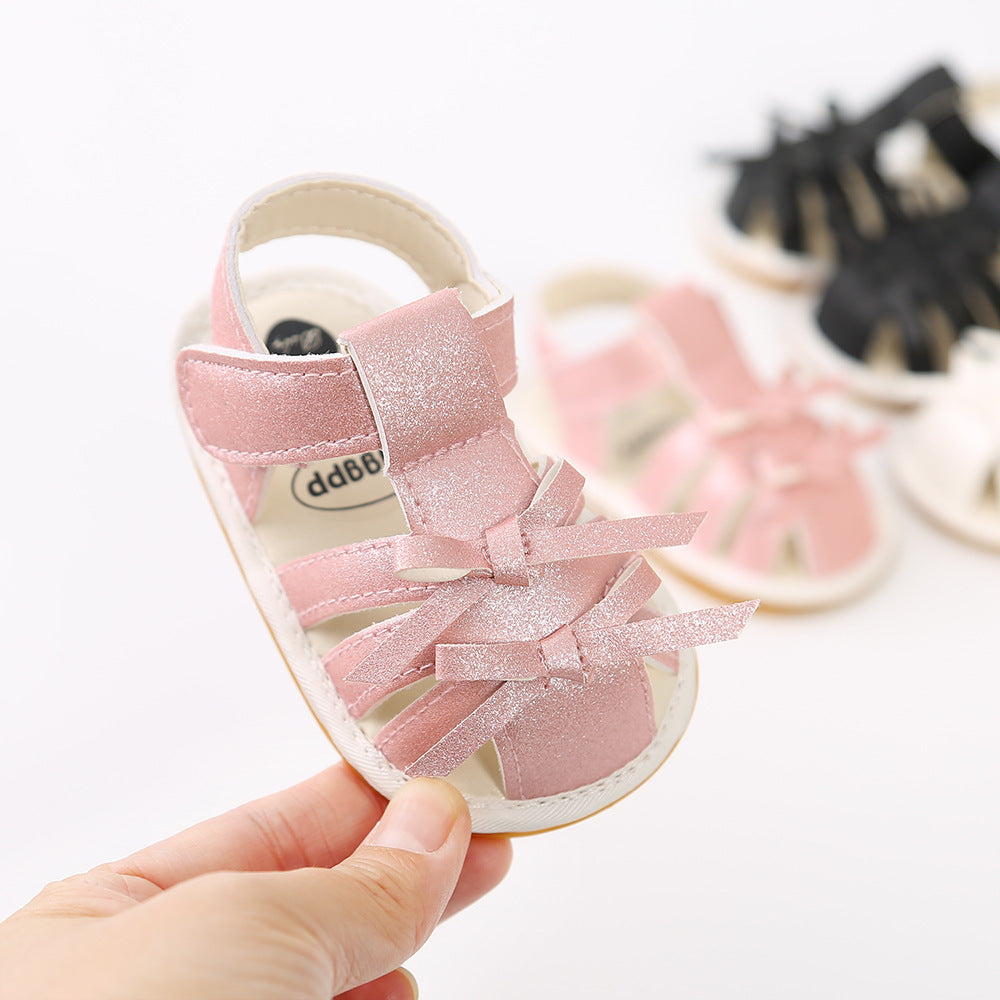 Baby Girl Anti-slip PU Leather Sandals Double Bowties Magic Tape - Little Kooma