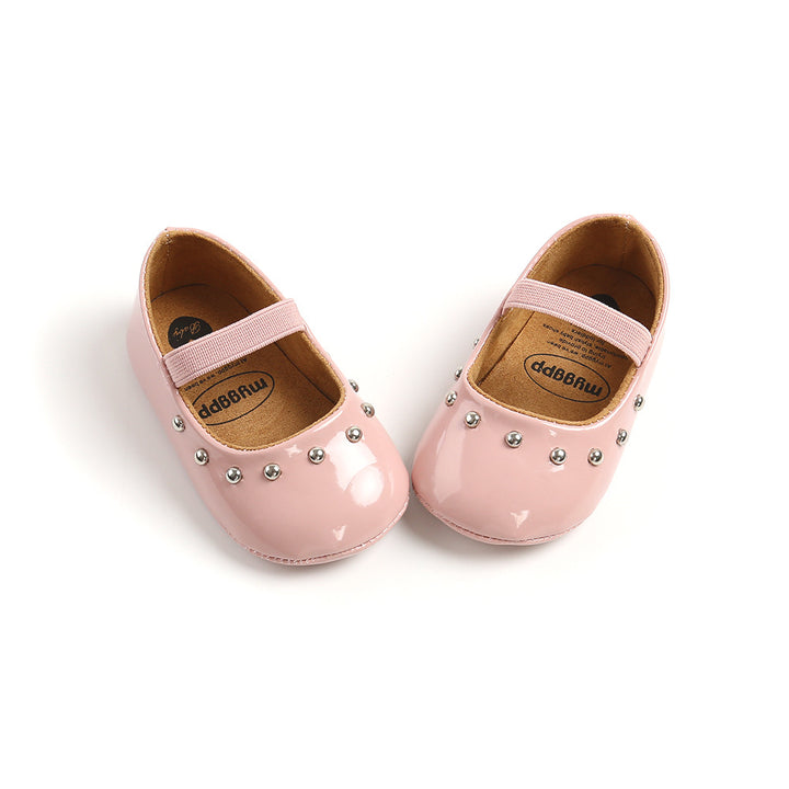 Baby Girl Patent PU Leather Magic Tape Rivets Shoes Anti-slip Flats - Little Kooma