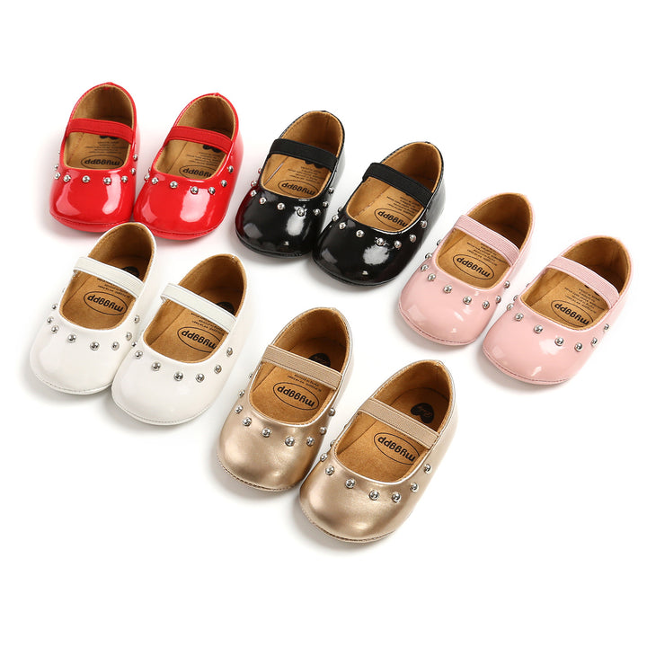 Baby Girl Patent PU Leather Magic Tape Rivets Shoes Anti-slip Flats - Little Kooma