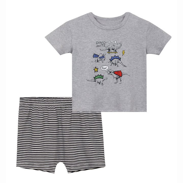 Baby Boy Dinosaur Grey Top n Stripe Shorts Set - Little Kooma