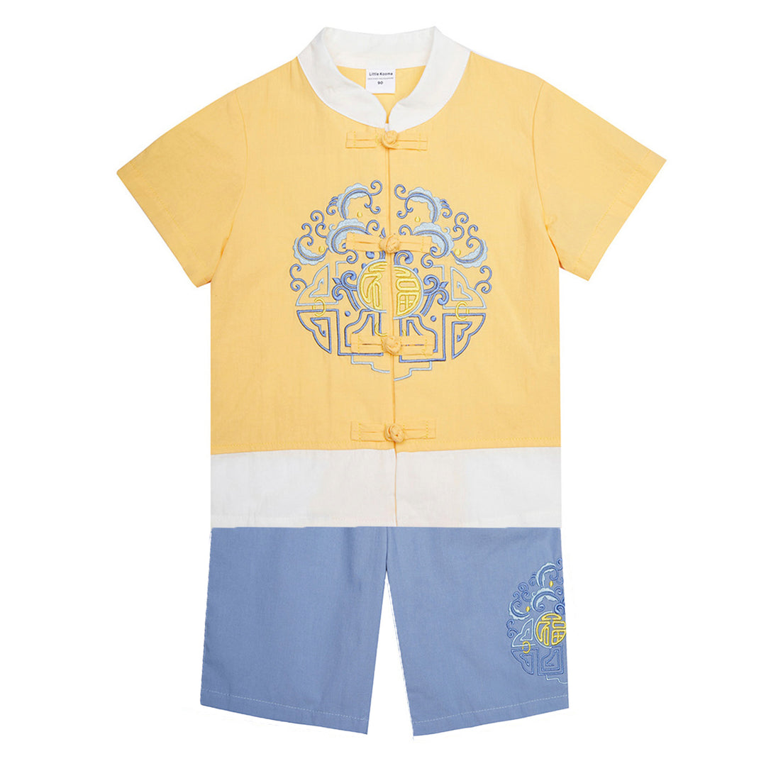 Baby Kids Boys Chinese Character Fu Cheongsam Set Yellow Top n Blue Shorts CNY Chinese New Year Outfit - Little Kooma