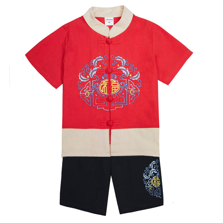 Baby Kids Boys Chinese Character Fu Cheongsam Set Red Top n Black Shorts CNY Chinese New Year Outfit - Little Kooma