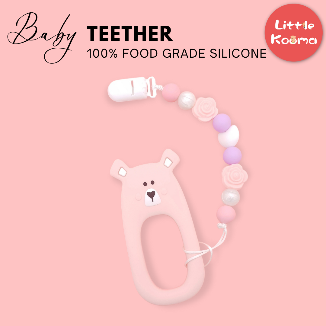 Baby Teether Set Pink Bear Silicone Teether Set By Little Cheeks - Little Kooma