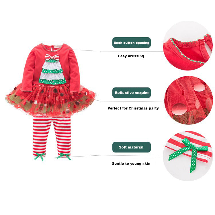 Girl's Christmas Outfit Long Sleeve Christmas Tree Voile Sequin Dress n Pants Two Piece Set - 1125 - Little Kooma