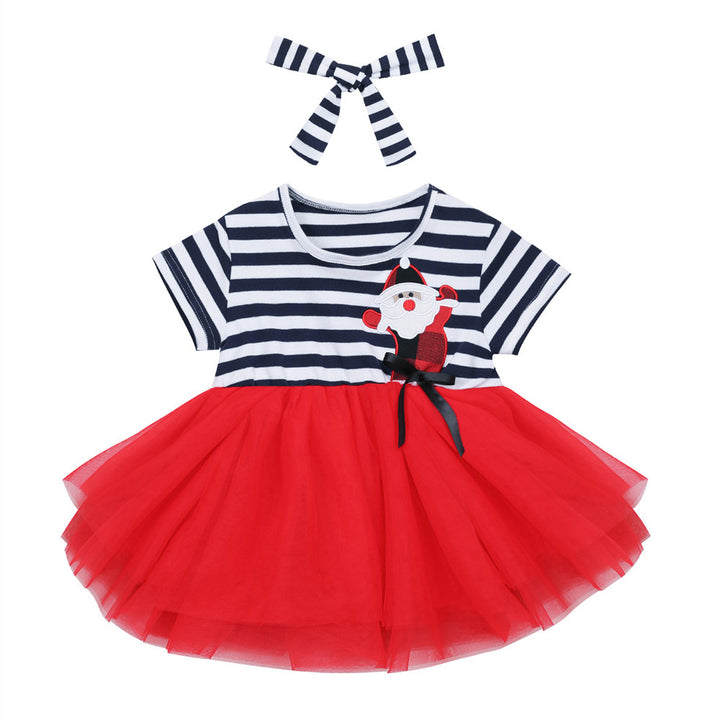 Baby Kids Christmas Outfit Stripe Santa Dress w Headband - Little Kooma