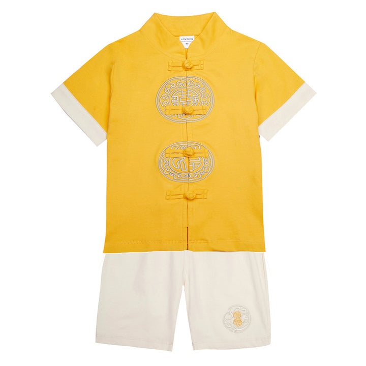 Baby Kids Boys Chinese Character Fu n Xi Yellow Cheongsam Set Top n Shorts CNY Chinese New Year Outfit - Little Kooma